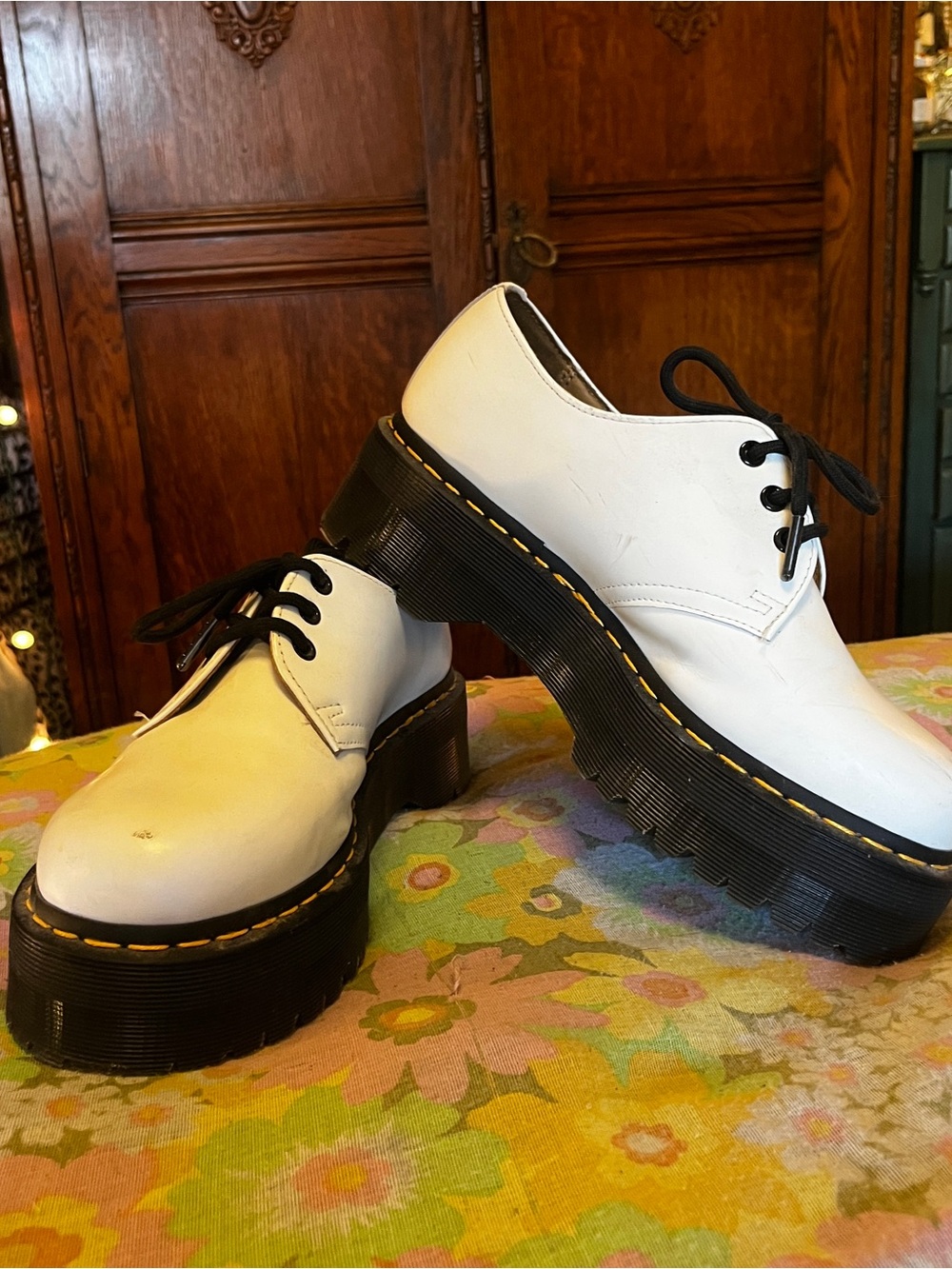 White Platform Lace-Up Dr. Marten’s 1461 Shoes with Black Sole